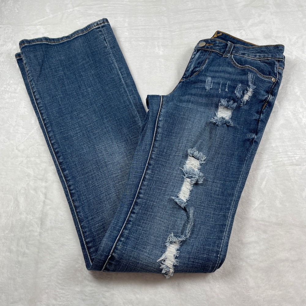 Alloy Apparel Womens Distressed Bootcut Jeans Blue Dark Wash Size 7 Tall